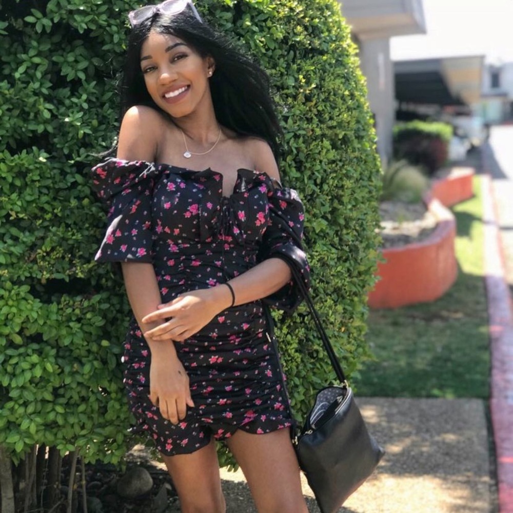 Black dress with pink flowers